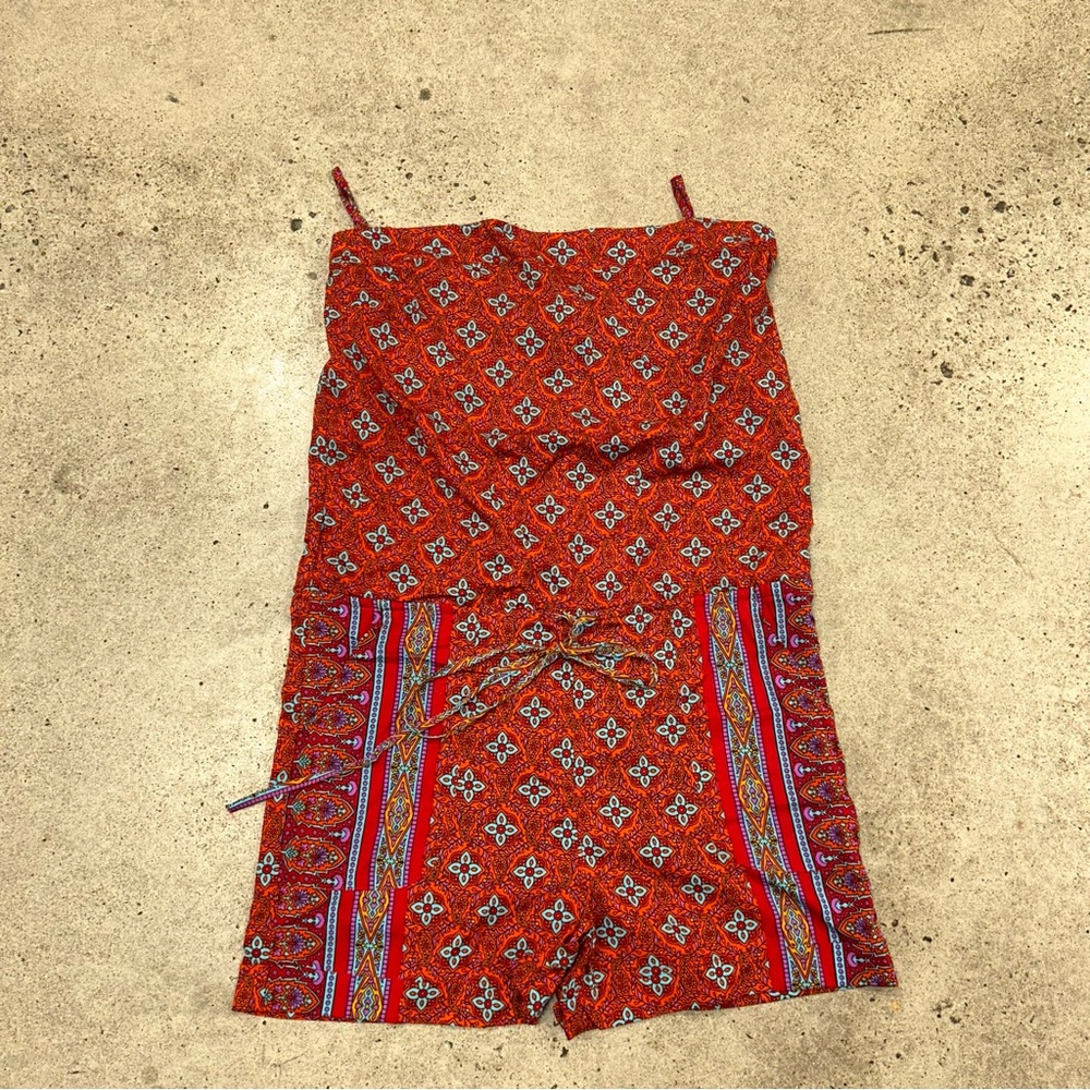 Earthbound Trading Co Orange Blue Boho Strapless Tube Top Romper Pockets Large